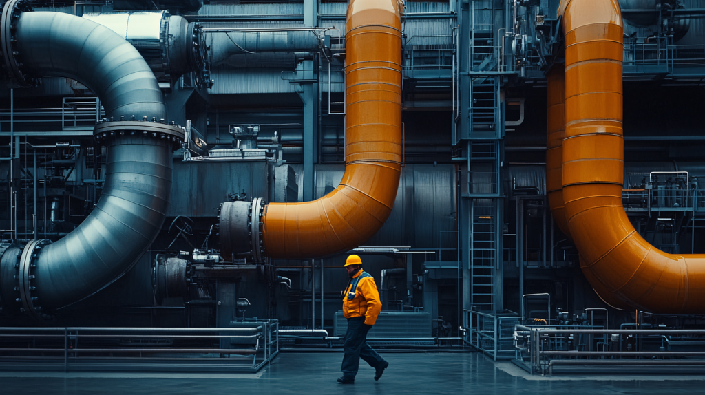 ai generated, man, industrial, worker, pipelines, industry, facility, safety, engineering, infrastructure, pipes, energy, refinery, factory, equipment, construction, manufacturing, oil, machinery, structure, work, professional