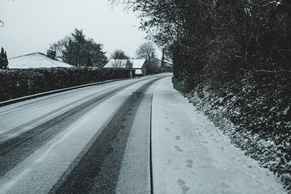 snow covered road between trees during daytime
