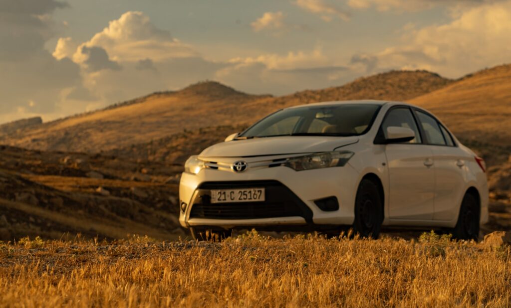 A white car sits in the golden landscape.