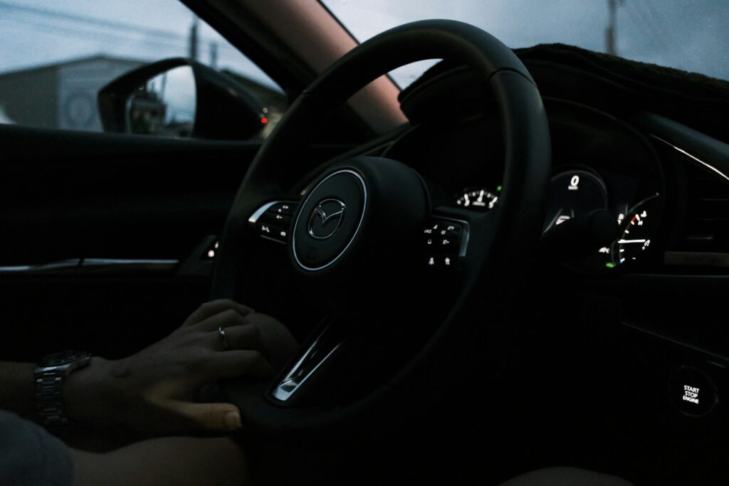 A person sitting in a car with a steering wheel