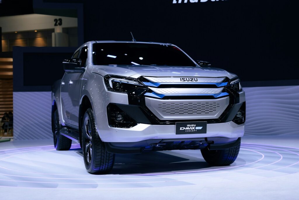 A silver truck parked on top of a stage