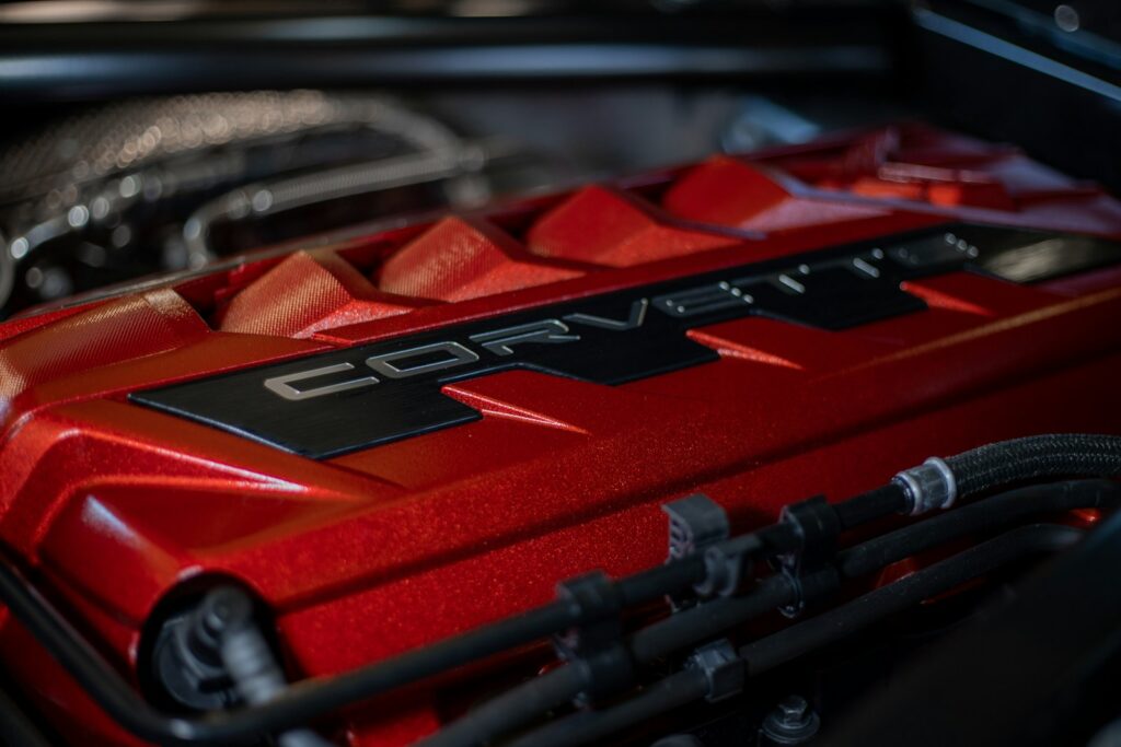 red and black car engine