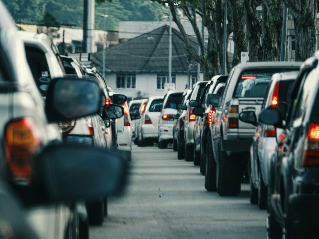 A long line of cars in traffic.