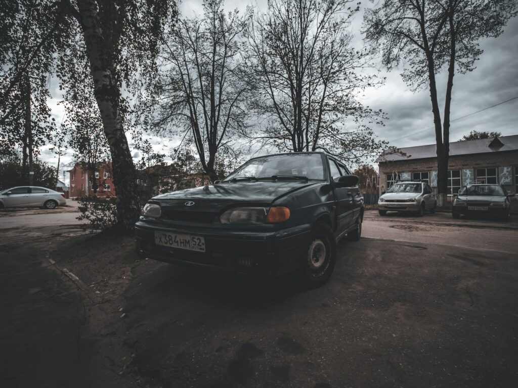 a car parked in a parking lot next to a tree