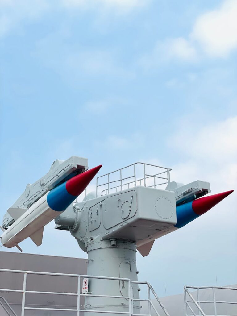 Close-up of a missile launcher against a clear blue sky in Bin Hai Xin Qu, China.