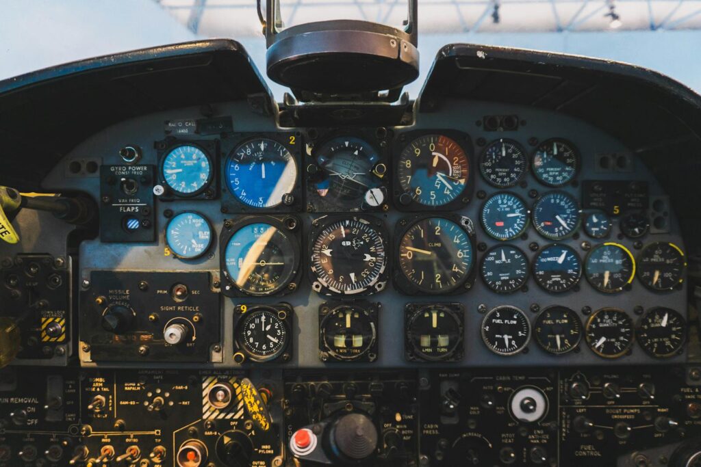 Detailed view of vintage military jet cockpit with analog gauges, Ankara, Türkiye.