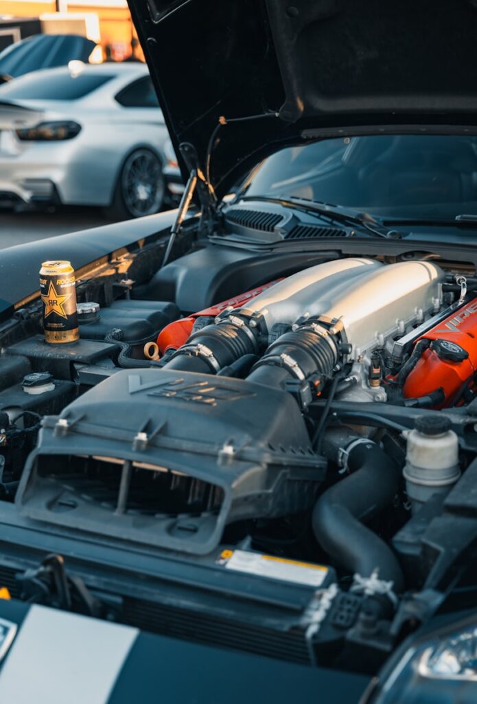A close up of the engine of a car