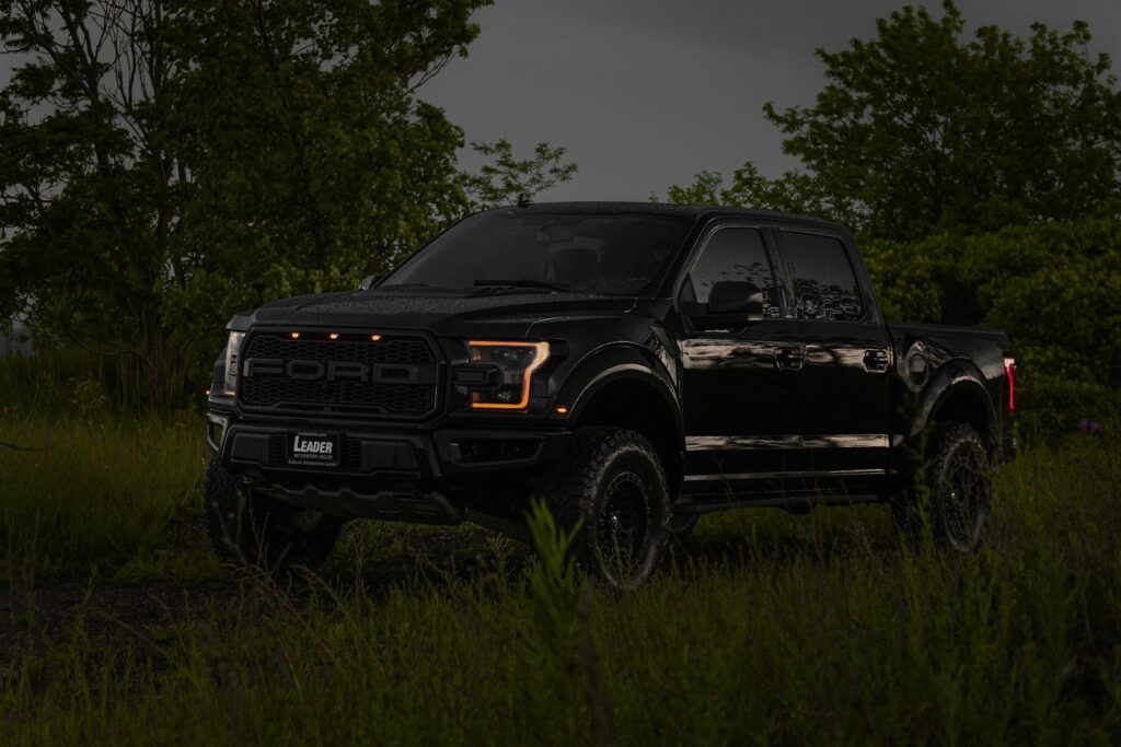 a black truck parked in a field at night