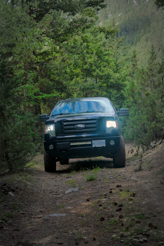 Black truck driving on a dirt road in forest