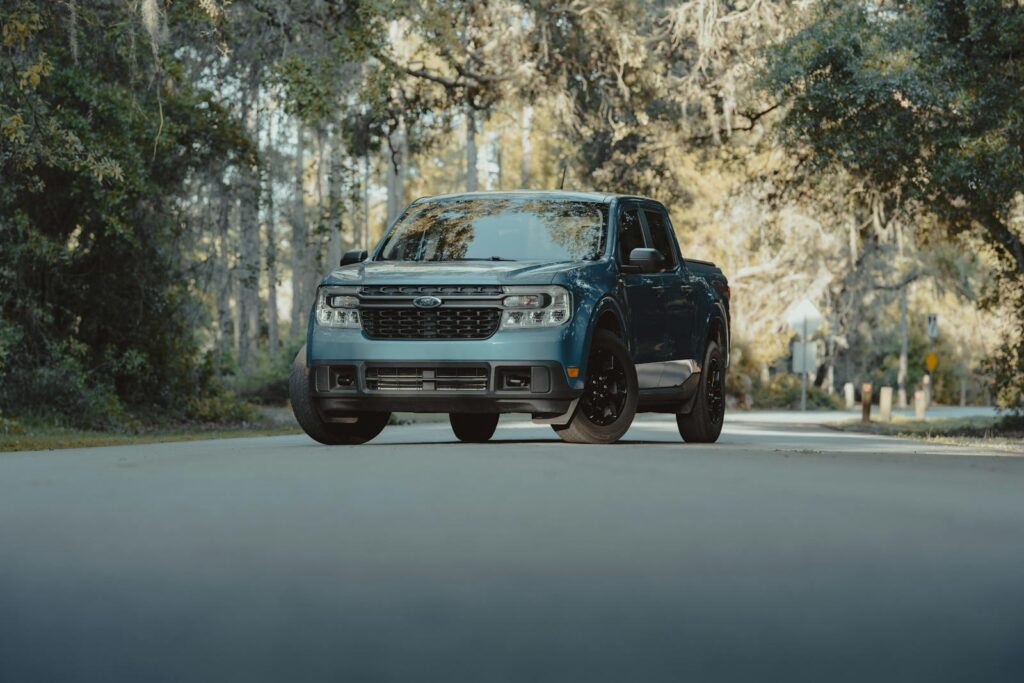 A blue Ford truck parked on a forest road in Shady Hills, Florida, USA. Perfect for nature and automotive enthusiasts.