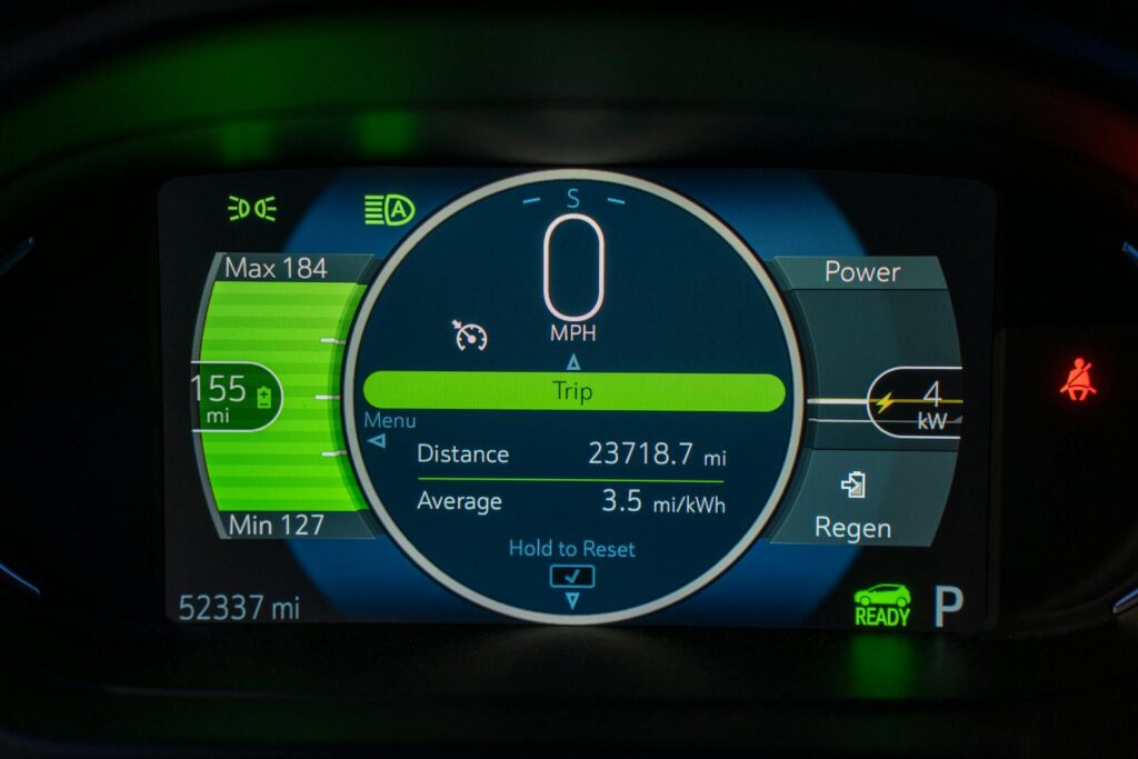 Detailed view of an electric vehicle's dashboard showing speed, battery range, and power metrics.