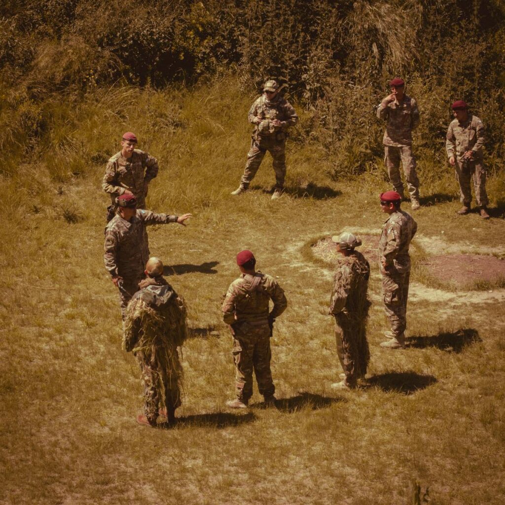 Aerial view of soldiers in camouflage uniforms during a training session in Campo de Mayo, Argentina.