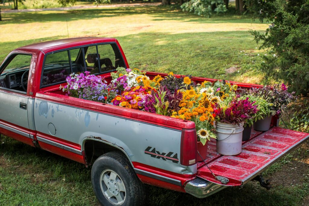 a truck with a bed of flowers in the back