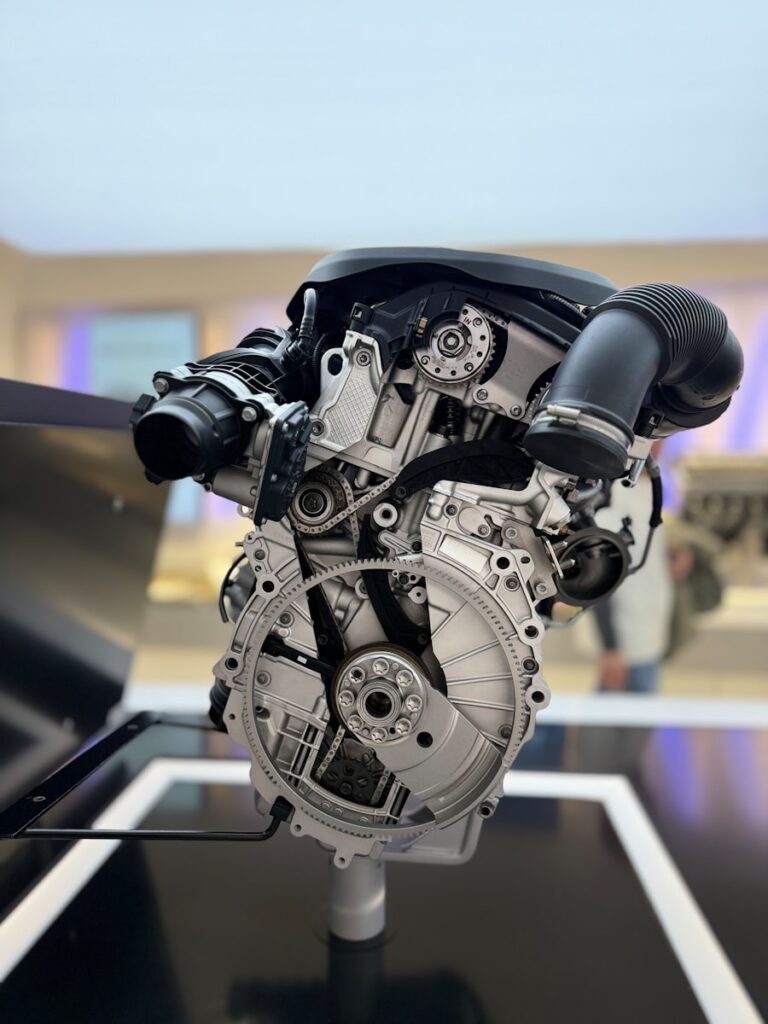 A close up of a motorcycle engine on a table