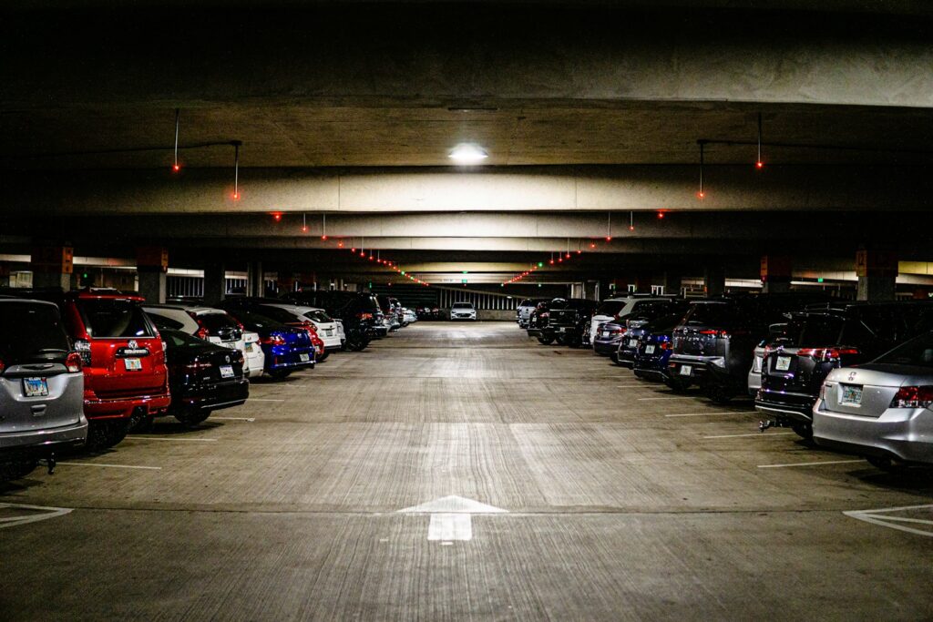 a parking lot full of cars