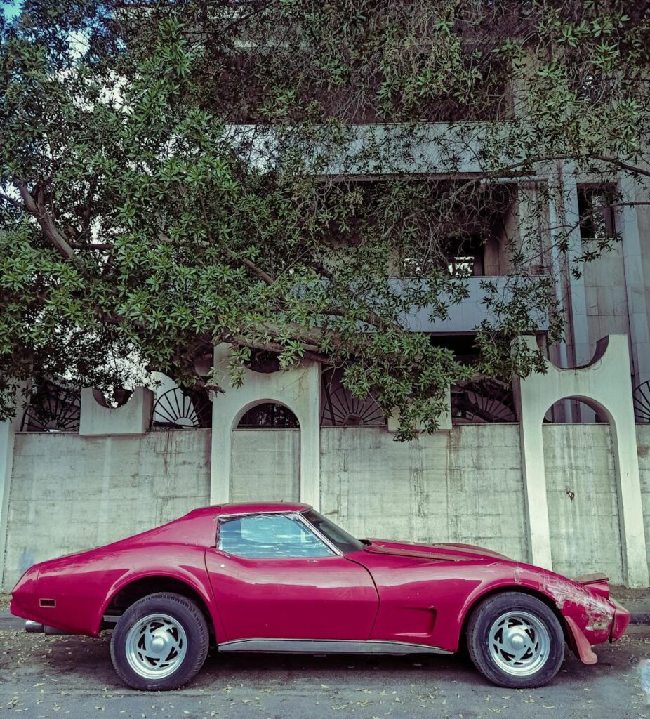 Classic Chevrolet Corvette parked against a city wall amidst greenery.
