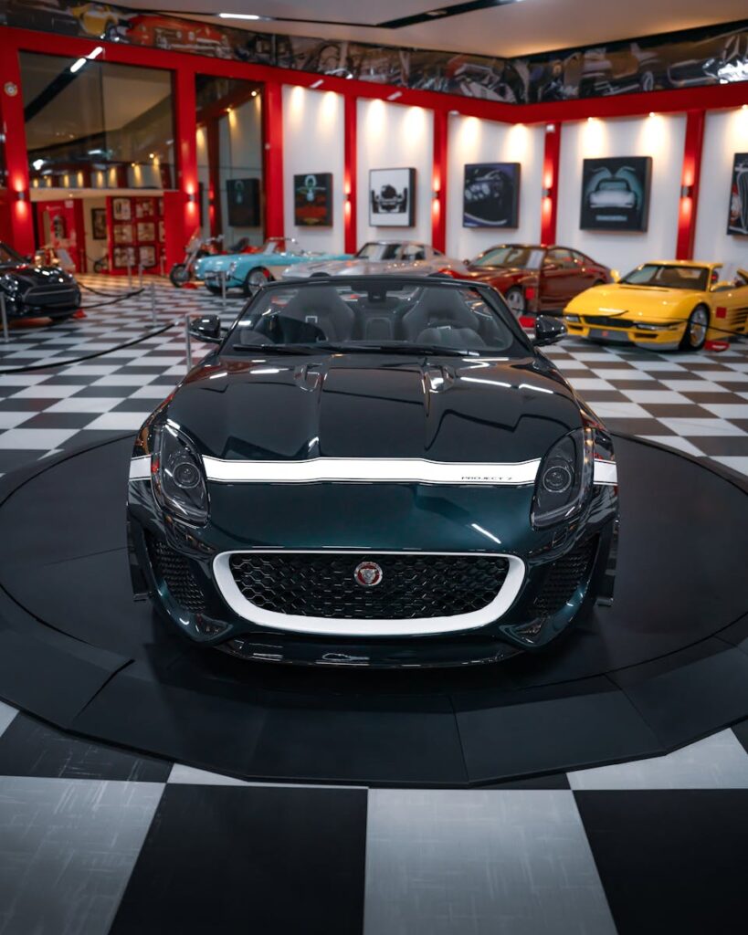 Stunning display of a Jaguar car inside a modern showroom with vibrant lighting in Izmir.