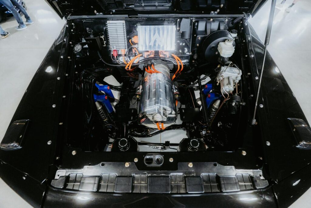 Top view of a modern electric car engine showcasing technical components and design.