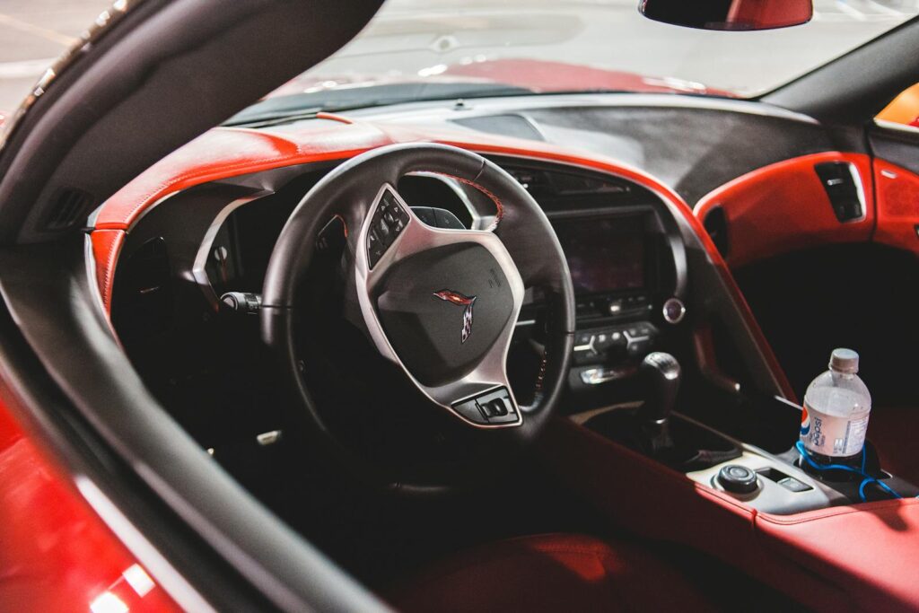 Interior of comfortable automobile with convenient prestige dashboard with buttons and stereo system