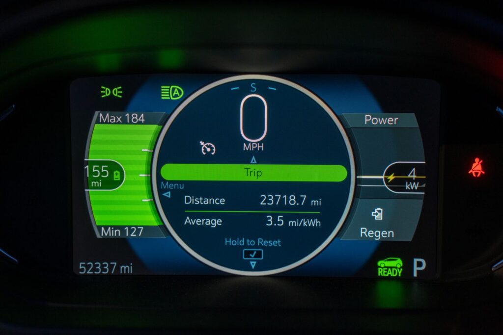 Detailed view of an electric vehicle's dashboard showing speed, battery range, and power metrics.