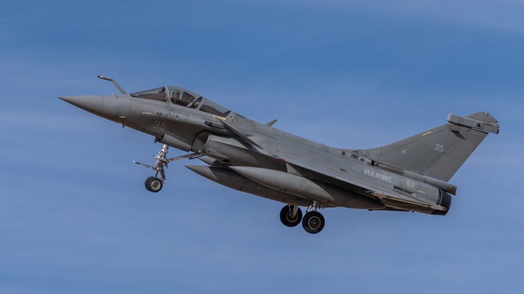 A Dassault Rafale Marine jet flying against a clear blue sky in Los Llanos.