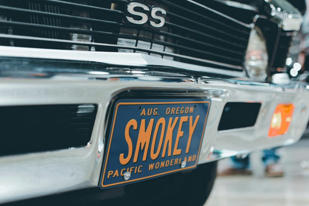 Classic car with "smokey" license plate