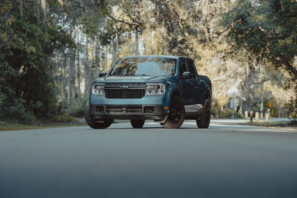 A blue Ford truck parked on a forest road in Shady Hills, Florida, USA. Perfect for nature and automotive enthusiasts.