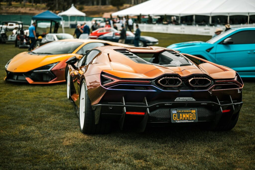 Several luxury sports cars parked on grassy field