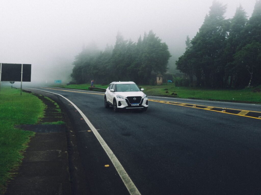 A white SUV travels through a foggy rural road surrounded by trees, creating a mysterious atmosphere.