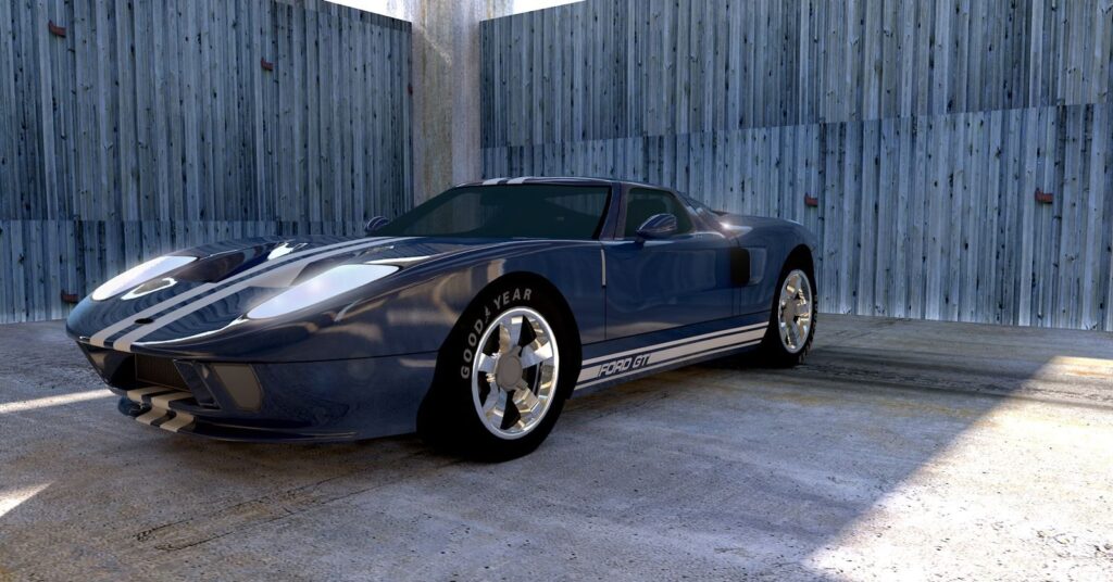 Blue Ford GT sports car with racing stripes, parked in a sunlit garage with wooden walls.