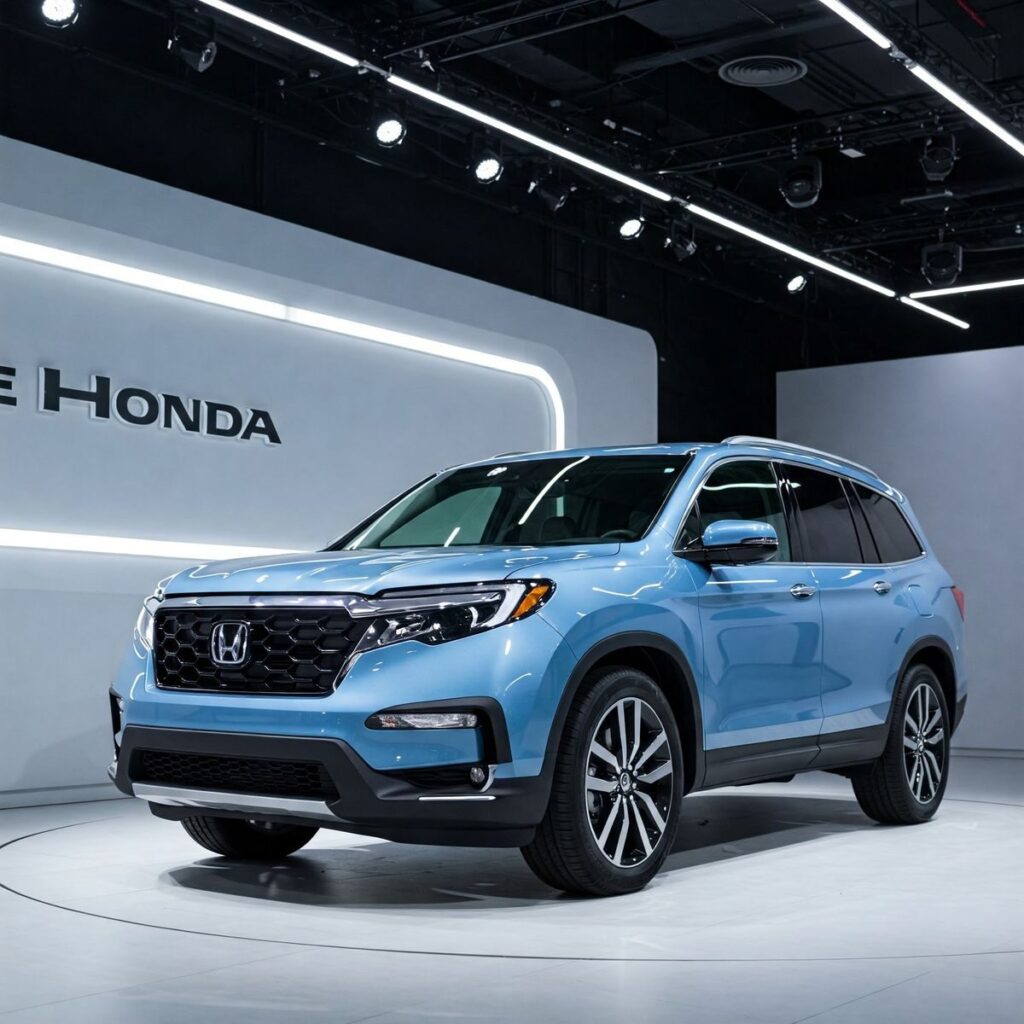 The 2025 Honda Pilot showcased at an auto exhibition, highlighting its modern design.