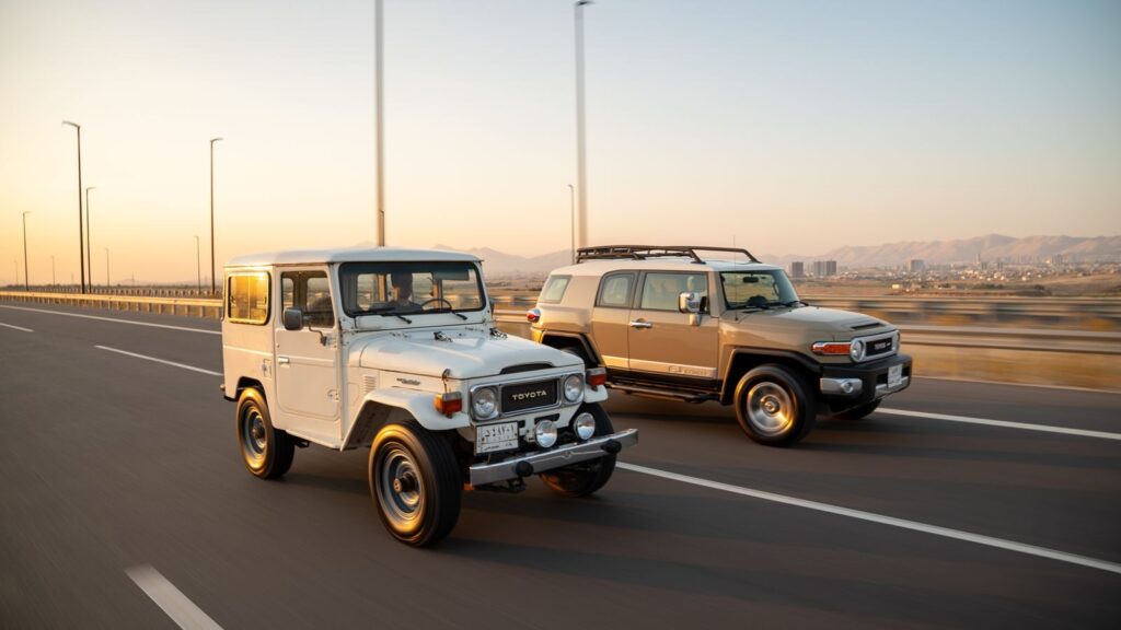 Two Toyota SUVs drive on a highway during sunset, blending vintage and modern styles.