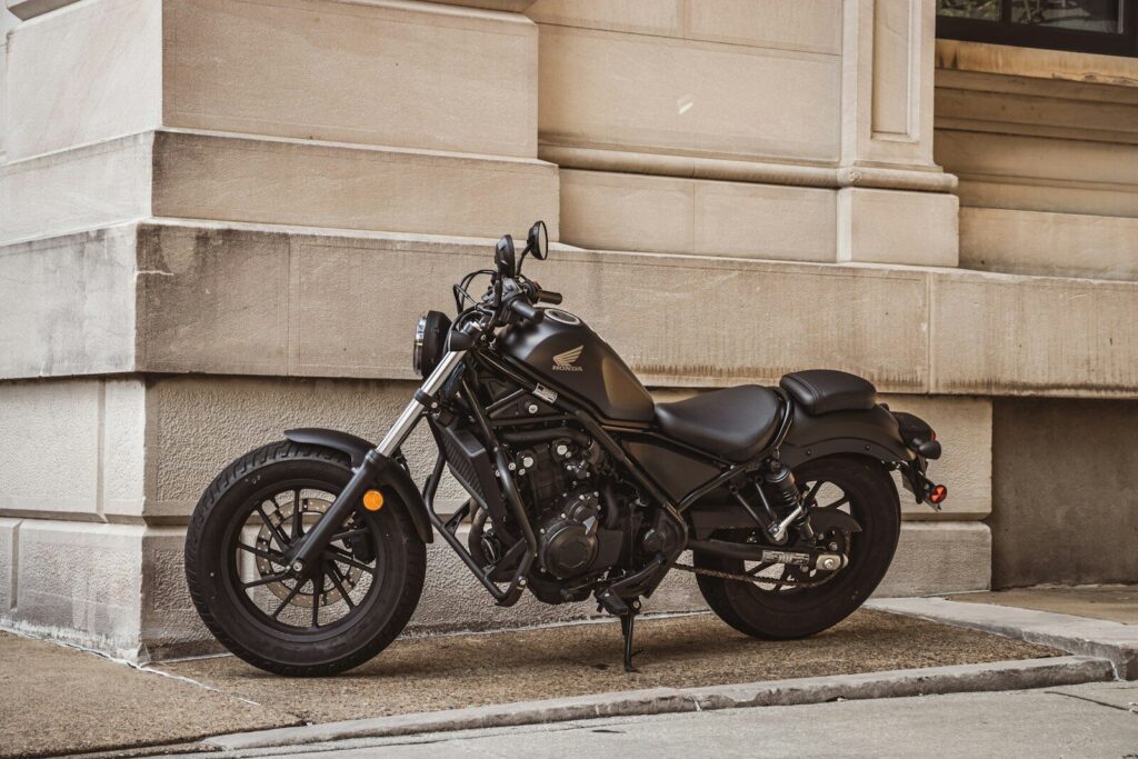 a motorcycle parked on the side of a street